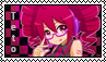 An image of Kasane Teto wearing pink glasses and sticking out her tongue, on a pink and black checkered background. 'Teto' is written top to bottom on the left side. This one is a stamp!